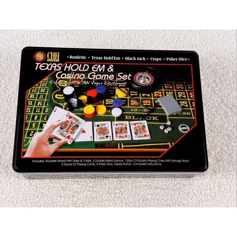 CHH 5-in-1 Casino Games Set in Tin Box Roulette Poker Black Jack Craps Poker Dic